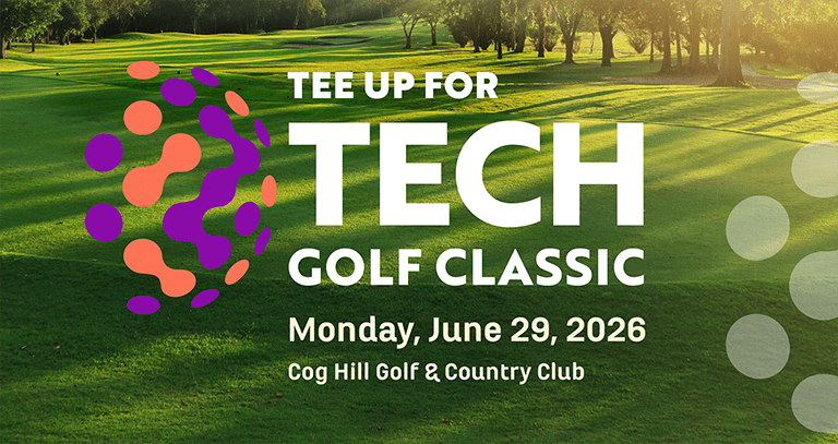 Tee Up for Tech Golf outing banner, title of event with a golf course background