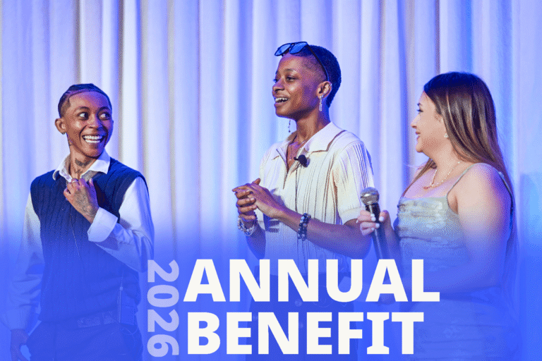 2026 Annual Benefit three young female participants smiling on stage